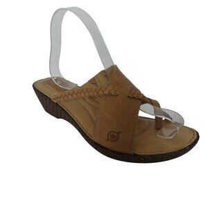 Born Brown Leather Braided Toe Loop Wedge Heel Slide Sandals Womens 9